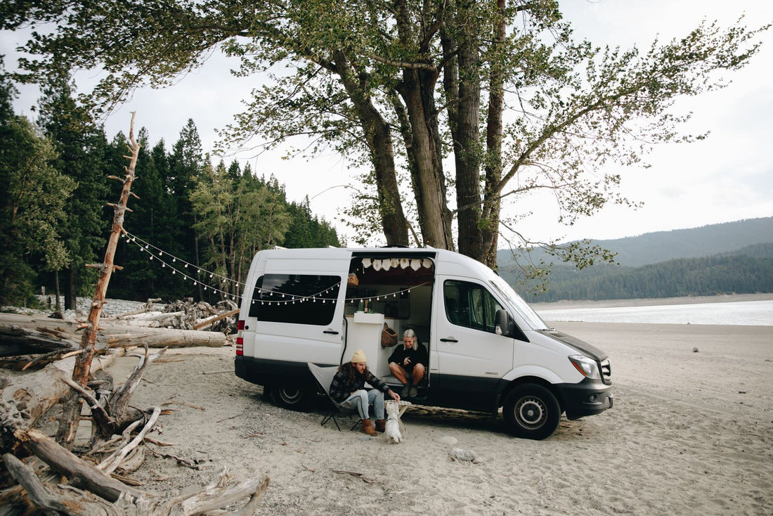 Couple and dog enjoying an RV trip by the beach