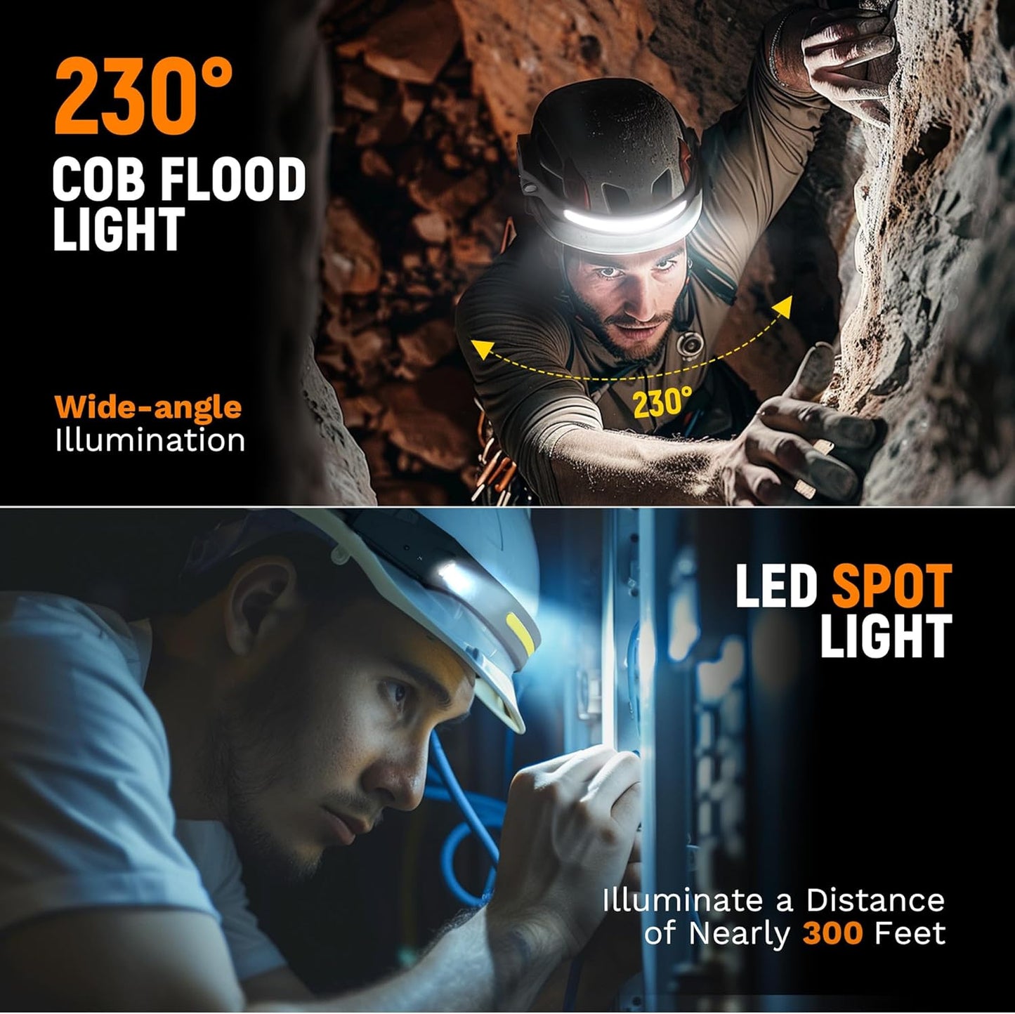 Two images showing a person using a 230° COB flood light and an LED spot light in a dark setting.