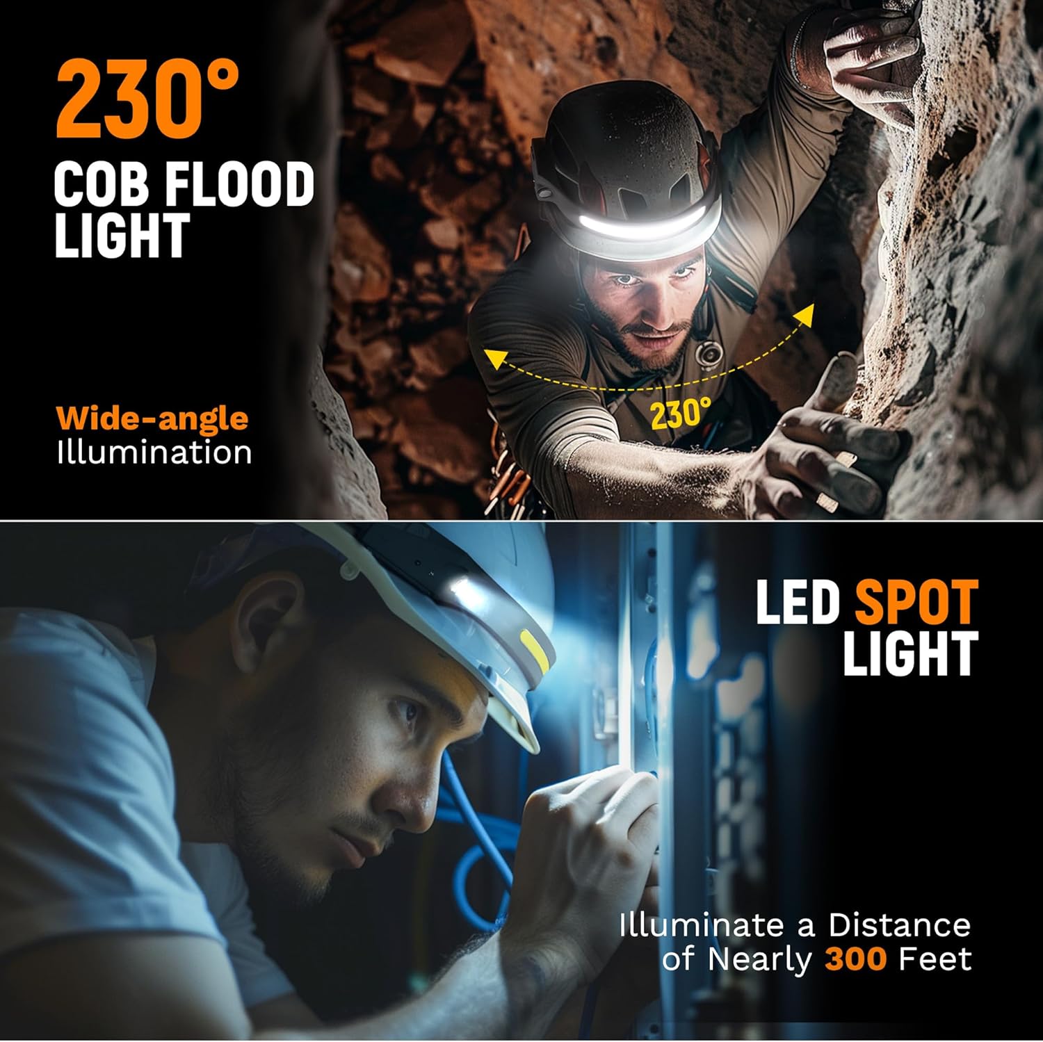 Two images showing a person using a 230° COB flood light and an LED spot light in a dark setting.