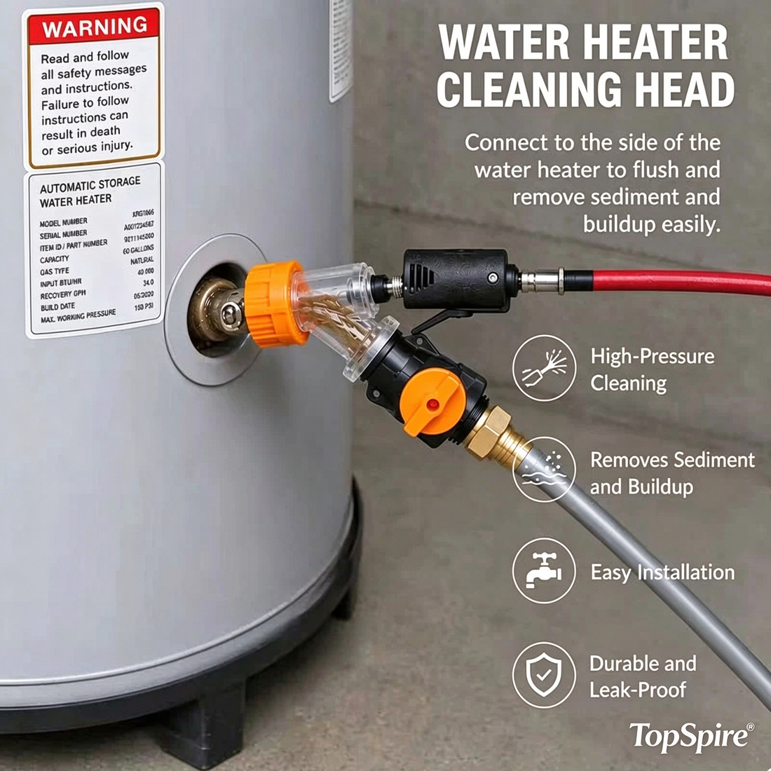 TopSpire® Universal Water Heater Cleaning Kit – Chemical-Free Sediment Remover with Rubber Gaskets